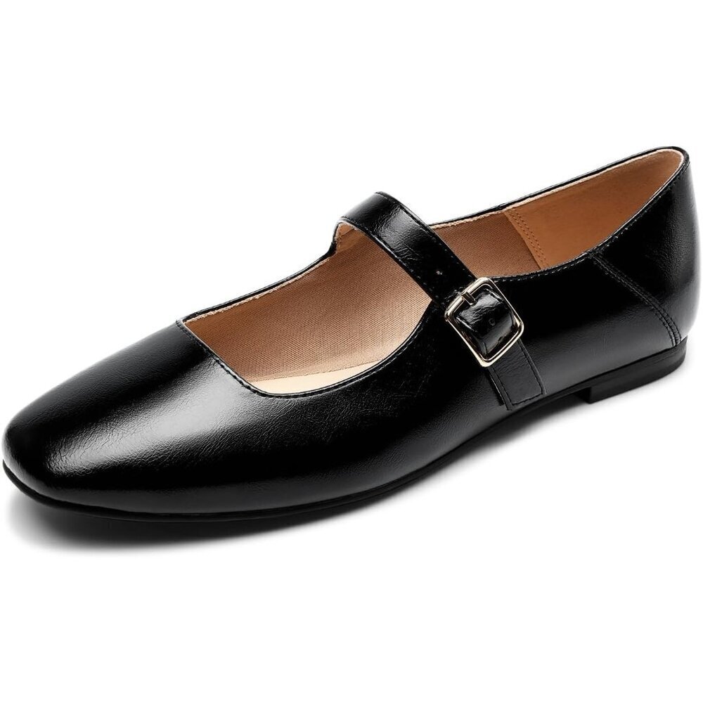 Dream Pairs Women's Black-oily Faux Leather Square Toe Buckle Strap Ballet Flats